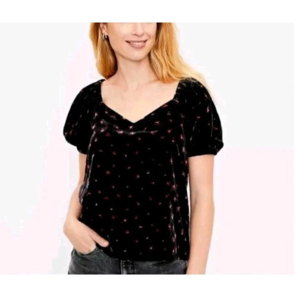 LOFT Floral Velvet Puff Sleeve Top Womens XL Black Red Romantic Peasant Gothic‎
